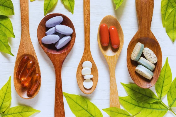 capsulas de suplementos nutricionales y terapia ortomolecular en cucharas de diversos tamanos